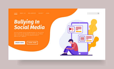 Online bullying in social networks. Web bullying and cyberbullying technologies. Attacks on psyche of user with depressive disorders and moral problems. Vector landing page flat bannerのイラスト素材