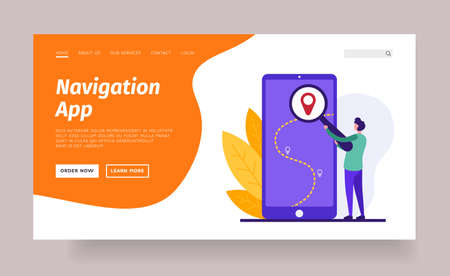 Mobile application for navigation. Laying web route to destination. Global digital navigation with smart mapping and positioning design. Detailed map in electronic gadget. Vector landing page flatのイラスト素材