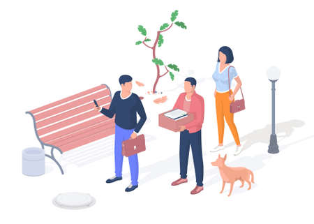 Young people go to classes at the university. Students discussing scientific lecture. In hands of briefcase and box books. Woman with bag goes class. Vector realistic isometric illustrationのイラスト素材
