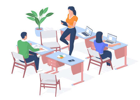 Lesson in modern college. Student examines map of world on desk. Teenager works laptop. Teacher with tablet checks assignments. Learning online gadgets and technology. Vector realistic isometryのイラスト素材