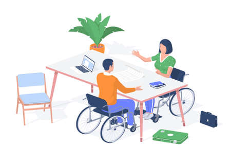 Students with disabilities discussing exam. Guy with woman in wheelchairs debating education. Laptop on table and books with drawings. Online help for handicapped people. Vector realistic isometryのイラスト素材