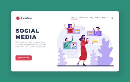 Social media resources. Online communication with watching video materials. Virtual company for dating and work. Mobile applications and websites for web entertainment. Homepage vector flat bannerのイラスト素材