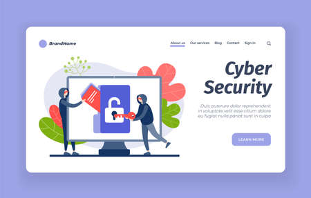 Cybersecurity from hackers. Digital hacking protection with blocking. Counteraction online criminals in stealing users information. Modern firewall and virtual cloud. Vector landing page flat bannerのイラスト素材