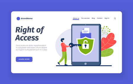 Correct access to account. Password and digital protection of user data. Registration with multilevel protection and hacker blocking. Authentication through firewall. Vector home page flat bannerのイラスト素材