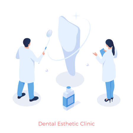 Dental esthetic clinic. Dentistry treatment of oral cavity removal calculus. Whitening enamel and daily cleaning of gums. Stomatology examination and healthcare. Vector illustration isometricのイラスト素材