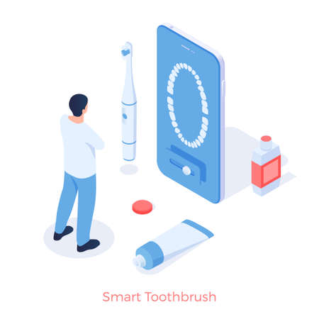 Smart hygienic toothbrush. Digital brush with gum massage and control via mobile application. New dental technologies for dental care. Modern medical devices. Vector isometric illustrationのイラスト素材