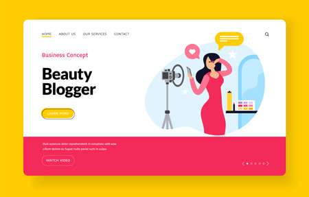 Trendy beauty blogger. Online shopping new trends clothing and cosmetics. Video broadcasts of famous designers about style. Web content from modern fashion designers. Vector home page flat bannerのイラスト素材