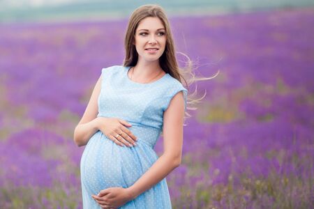 pregnant nice girl in a lavender fieldの写真素材