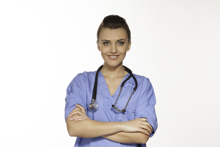 girl doctor with stethoscope in foto studioの写真素材