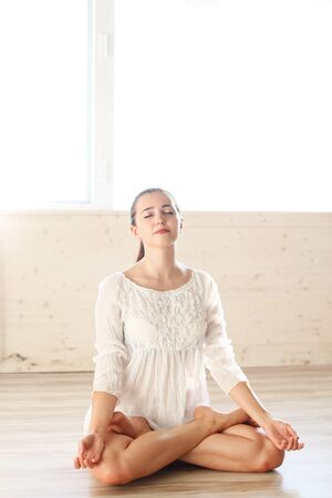 girl doing gymnastics fitness yoga background health sportの写真素材