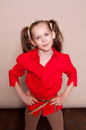 little casual girl with pigtails smiling in studioの写真素材