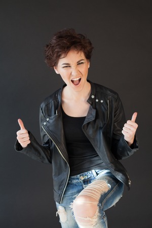 the girl with the short hair music handsの写真素材