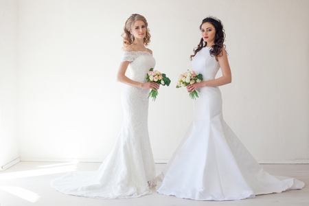 two wedding bride with bouquet weddingの写真素材