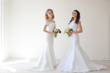 two wedding bride with bouquet weddingの写真素材