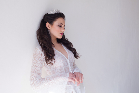 beautiful bride posing wedding hairstyle and dress vintageの写真素材