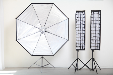 Flash on a white background in the Photo Studio equipmentの写真素材