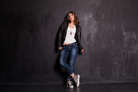 girl Street style jeans jacketの写真素材