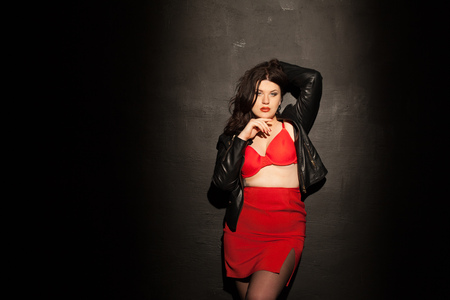 fat woman in red underwearの写真素材