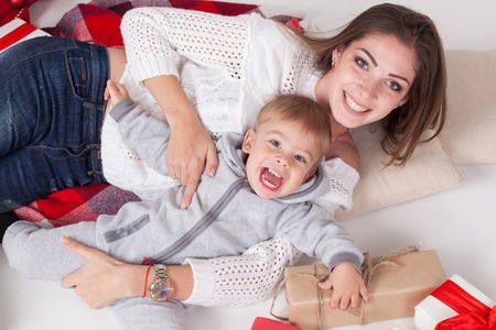 mother and son new year Christmas giftsの写真素材