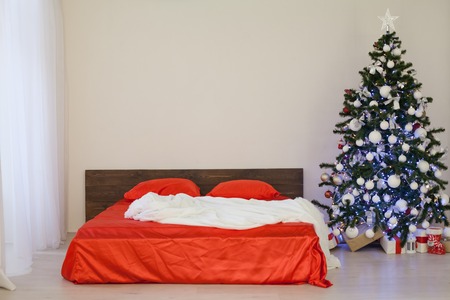 new year Christmas white room with red decoration Christmas tree 1の写真素材