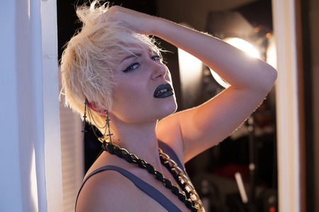 fashion girl blonde with short hair fashionの写真素材