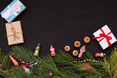 Christmas background Christmas tree Toys Gifts nuts fruitsの写真素材