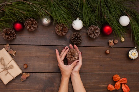 Christmas background new year gifts toys balls fruits nutsの写真素材