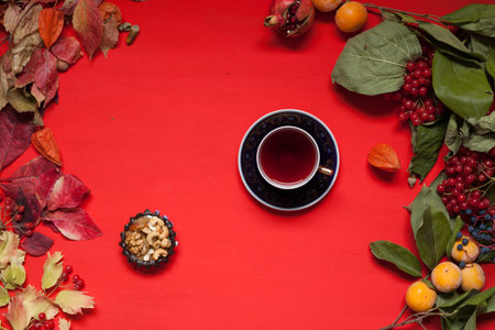autumn yellow and Red leaves of fruit nuts meal