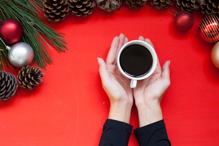 Christmas background hands women new year tree winter gifts decorの写真素材