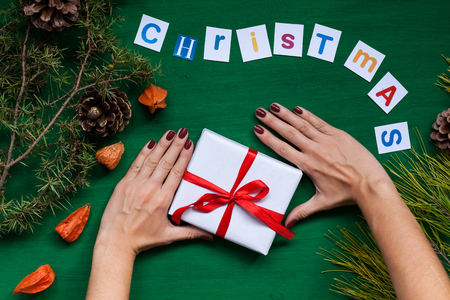 new year Christmas background Christmas tree gifts hand toys winterの写真素材