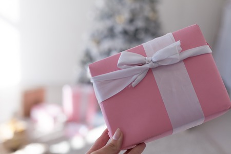 gift in hand Christmas tree in white background winter snow new yearの写真素材