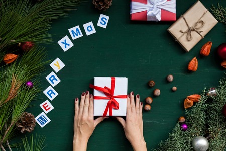 Christmas new year female hands holding fruit tree gifts holidayの写真素材