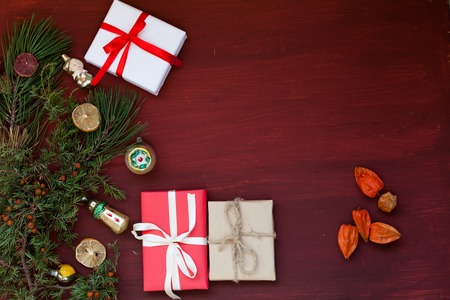 winter Christmas background Christmas tree holiday gifts new yearの写真素材