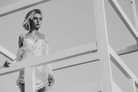 portrait of a beautiful fashionable woman black and white photoの写真素材