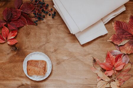 autumn yellow leaves warm Plaid tasty muffin 1の写真素材