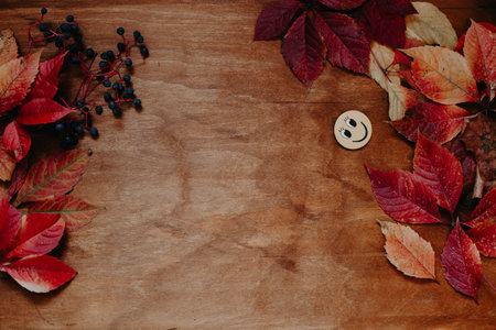 autumn yellow and Red leaves wooden
