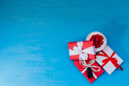Christmas blue background gifts for the new year holiday postcard