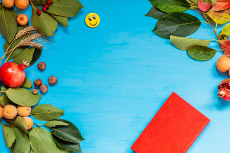fruits nuts colorful leaves on the background for breakfast lunch