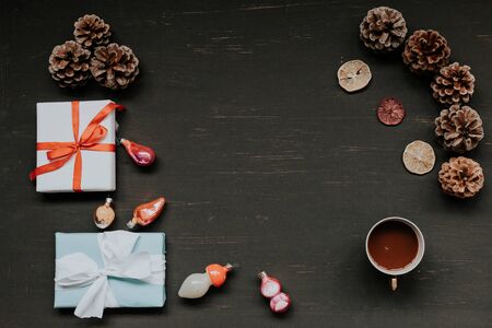 Christmas new year tree gifts postcard winter holidays holiday backgroundの写真素材