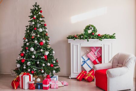 Christmas tree Garland lights new year holiday gifts white home decorの写真素材