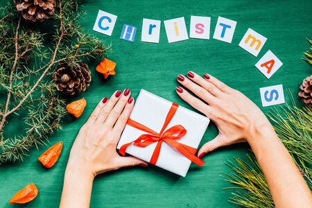 new year Christmas background Christmas tree gifts hand toysの写真素材