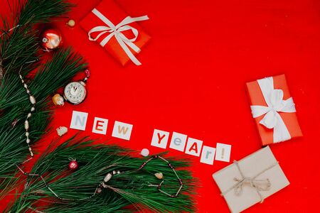 Christmas new year tree decoration holiday gifts backgroundの写真素材
