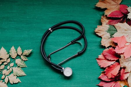 yellow red leaves autumn medicine disease backgroundの写真素材