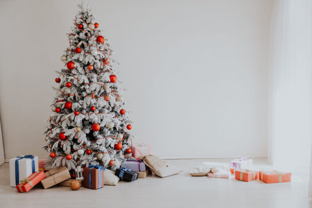 Christmas tree Garland lights new year holiday gifts white home decorの写真素材