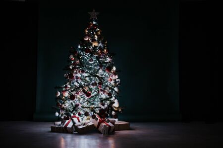 Christmas tree with presents, Garland lights new year 2018 2019の写真素材