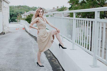 Portrait of a beautiful fashionable blonde woman in a beige dressの写真素材
