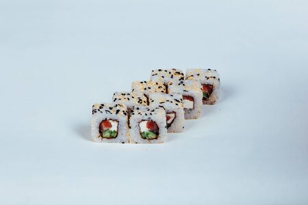 Japanese food Sushi rolls with fish on a white backgroundの写真素材