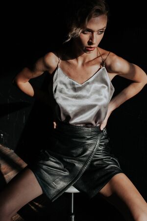 portrait of a beautiful fashionable blonde woman in a gray blouse and black skirtの写真素材