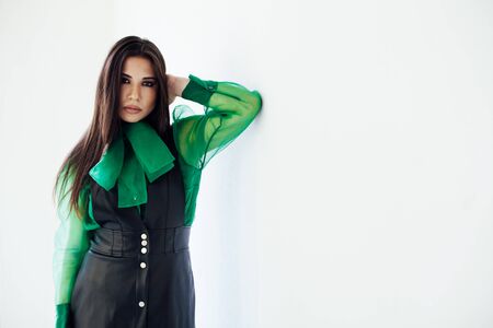 Portrait of a beautiful fashionable oriental brunette woman in a green black dressの写真素材
