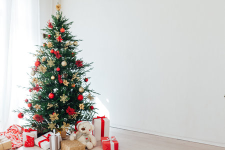 Christmas tree pine with gifts for the new year interior postcard banner